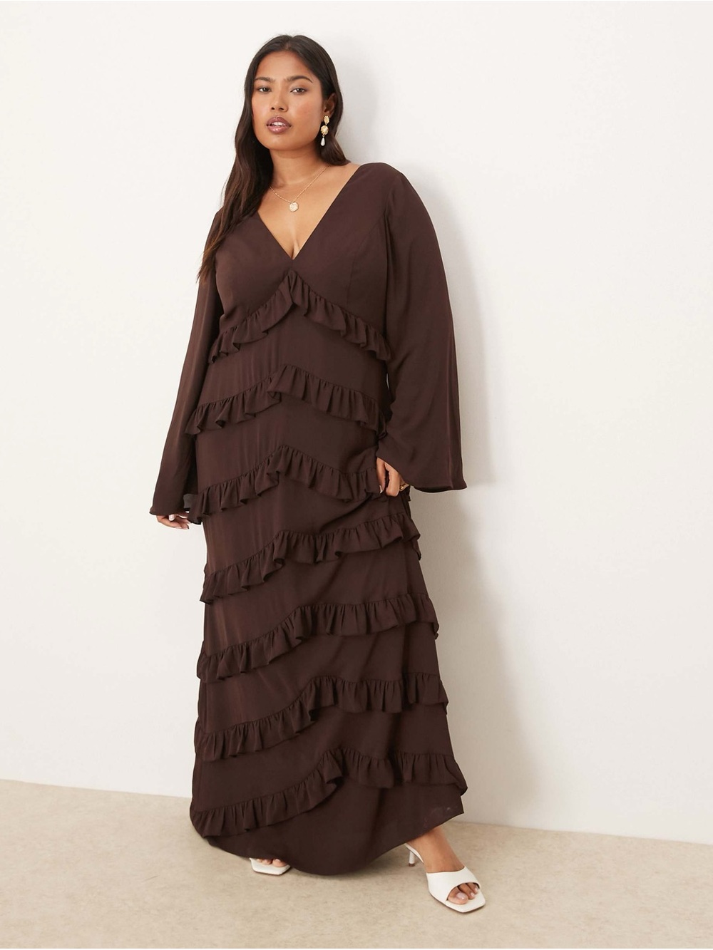 Pretty Lavish Curve long sleeve ruffle maxi dress in chocolate US-14